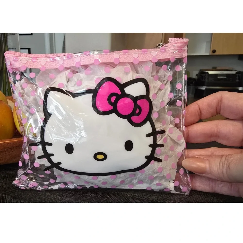 Hello Kitty Clear Pink Polka Dot Cosmetic Pouch Zipper Travel Makeup Bag Sanrio